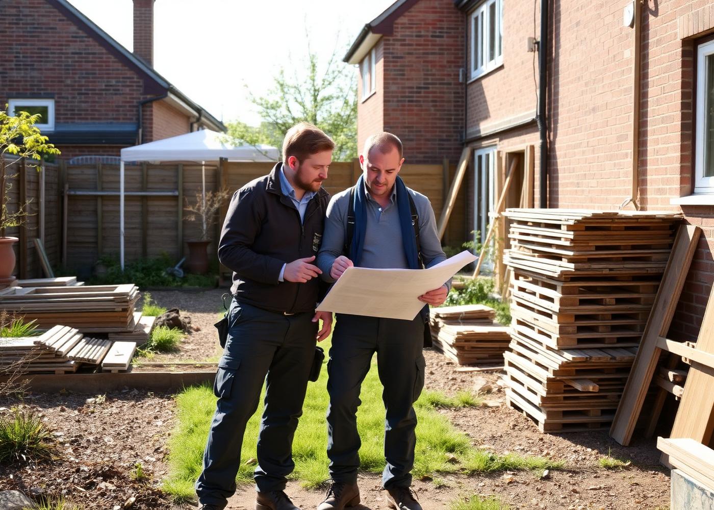 Landscapers reviewing plans on site at a Berkshire property with materials stacked neatly