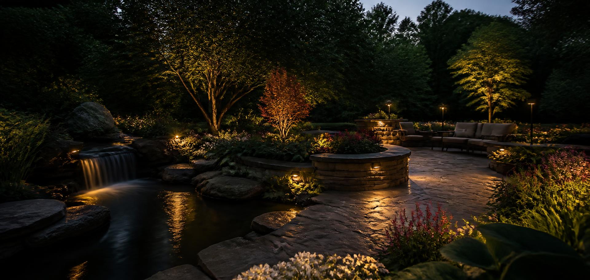 Landscaped garden with lit stone patio and water feature at dusk