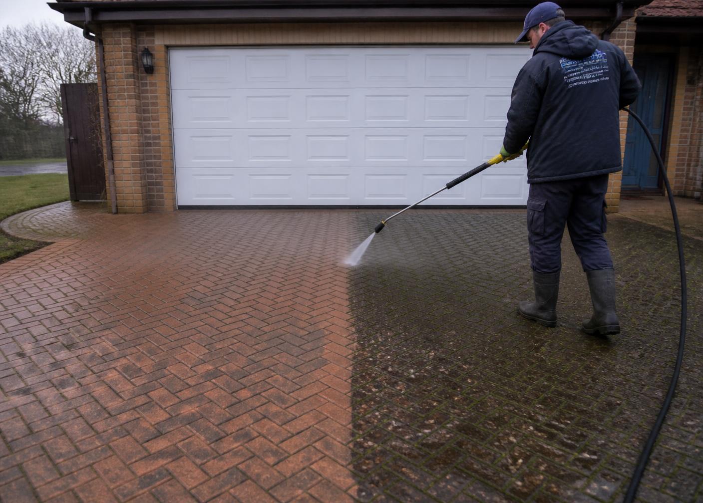 Pressure washing a block paved driveway, showing cleaned and uncleaned areas