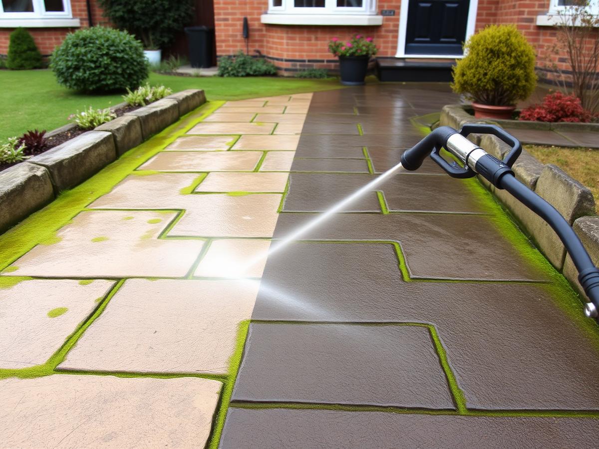 Stone path being pressure washed, showing cleaned and uncleaned sections