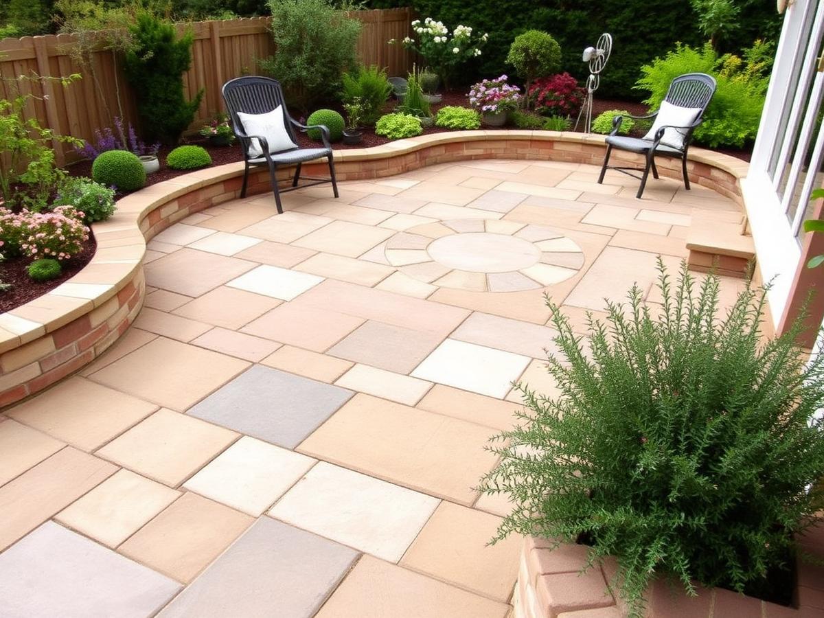 Natural sandstone patio with circular feature and planted borders